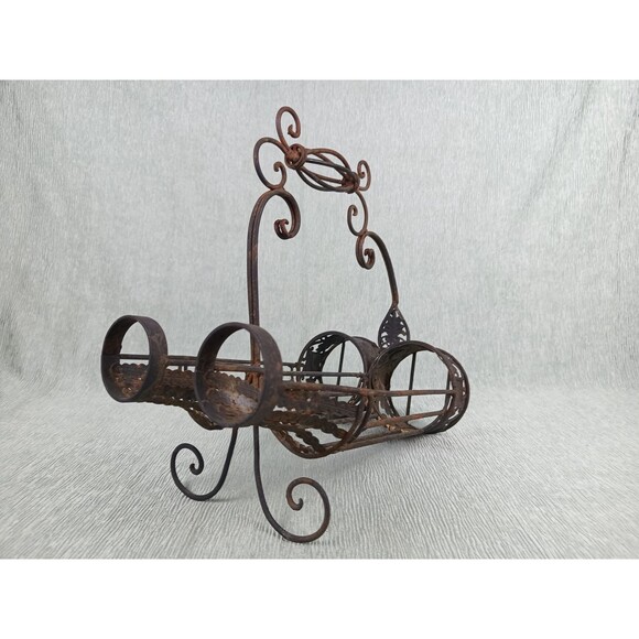 Wrought Iron Wine Caddy Vintage Wine Rack Ornamental Handle Fine Metal Work - Picture 5 of 10